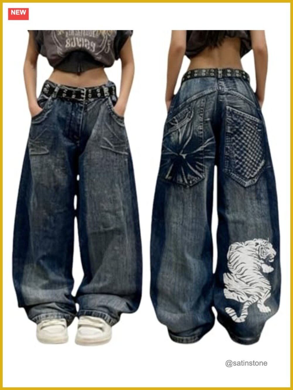 Y2K Hip Hop Baggy Wide Leg Jeans Skeleton Tiger Dragon Print Vintage